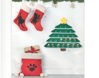Simplicity R10356 or S9038 Pattern - Advent or Countdown Calendar - Christmas Stockings - Gift Bag - Dog, Cat and Paw Print Applique - UNCUT