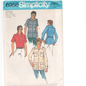 May include: Simplicity pattern 6956 featuring illustrations of men's shirts and jackets. The pattern includes two sizes, 14 and 16, with chest measurements of 32 and 33.5 inches. The pattern is for Teen-Boy.