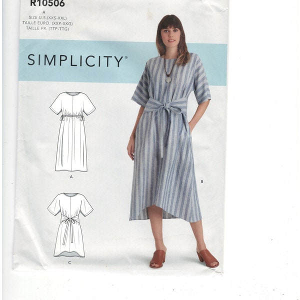 Simplicity R10506 or S9101 Pattern Misses Sizes XXSmall-XSmall-Small-Med-Lrg-XLrg-XXLrg Mid or Long Pullover Dress Short Sleeves Tie Waist