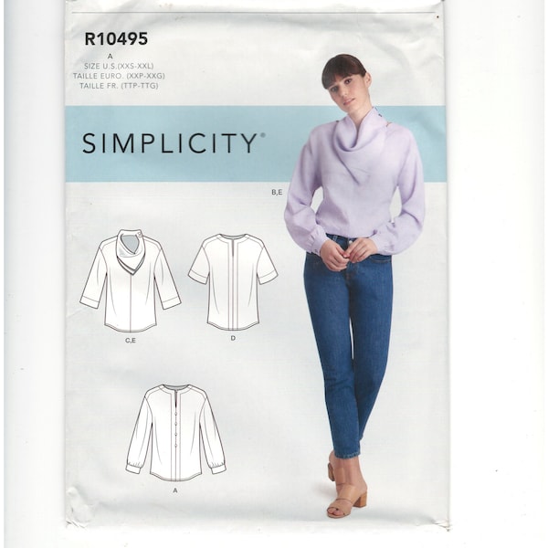 Simplicity R10495 or S9108 Pattern Misses Sizes XXSmall-XSmall-Small-Med-Lrg-XLrg-XXLrg - Short Long Sleeve Top Blouse Neckscarf Pullover