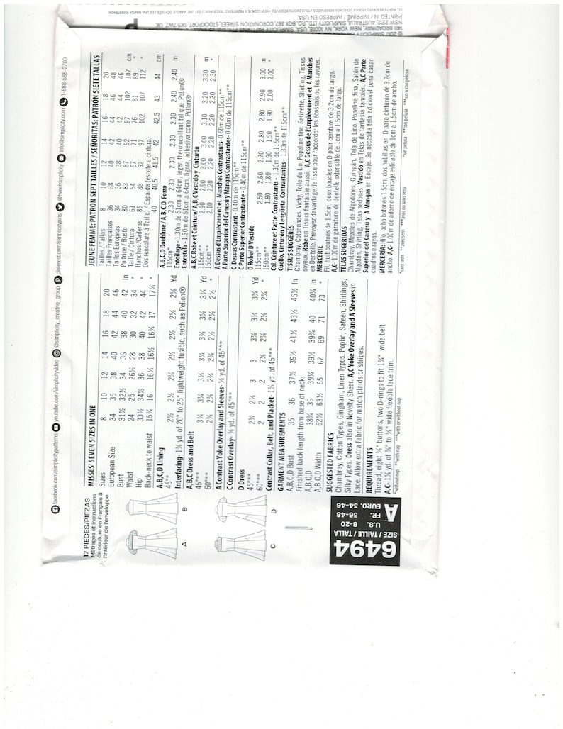 New Look 6494 Sewing Pattern Misses Sizes 8101214161820 Short