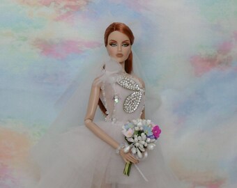 Vestido de novia blanco y rosa para Fashion Royalty FR2, Nu FACE, Flovers, velo