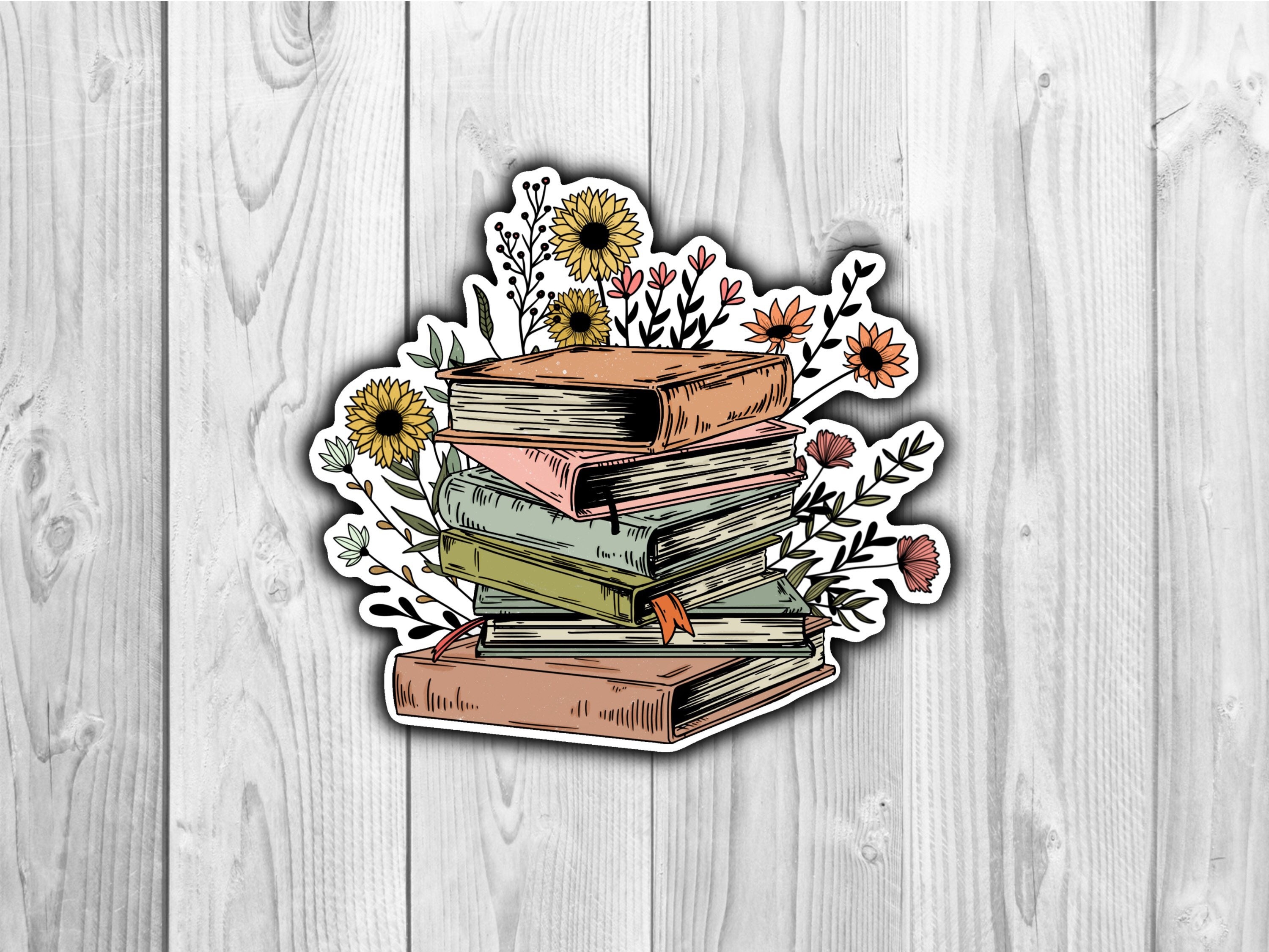 Floral Book Stack Sticker Bookish Waterproof Sticker Etsy
