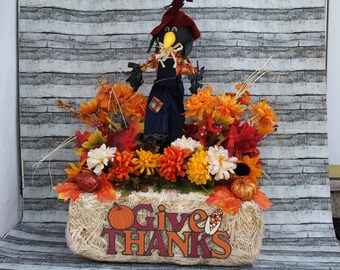 Handmade Rustic Fall Centerpiece, Scarecrow & Pumpkin Table Decor