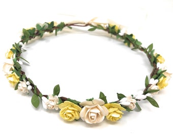 Couronne de fleurs jaunes, couronne de cheveux jaunes, coiffe de roses, halo de mariage, diadème de demoiselle d'honneur, couronne de mariage bohème, couronne de fleurs bohème adulte