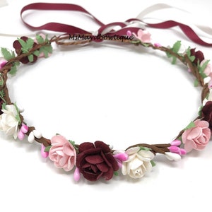 Burgundy flower crown, floral crown burgundy, wedding flower crown, flower girl crown, burgundy flower headband, bridesmaids flower crown