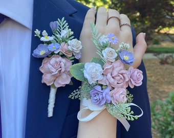 Bruidsmeisje corsage en boutonniere set licht paarse bloem formeel evenement lavendel bruiloft beste man bruidegom polsarmband voor vrouwen meisje