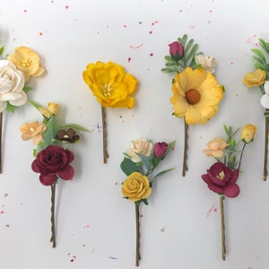 Fall Flower Hair Pins: Yellow & Burgundy Wedding Hairpiece (Set of 7)