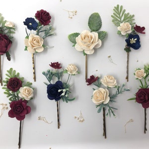 Floral hair pins, bobby pins with flowers, bridal hair clips, ivory blue and burgundy flower hair pins, wedding hair clips, rose hair piece