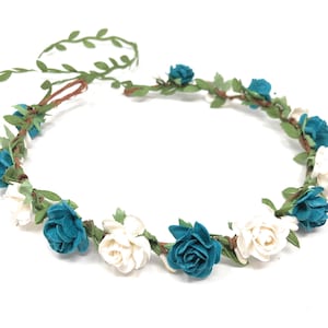 Teal Flower Crown: Floral Garland Headband, Wedding Hair Piece