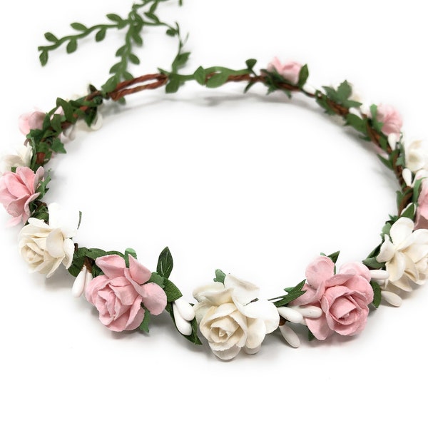 Roze en witte bloemkroon, bloemenmeisje kroon, bloemkroon volwassene, bloemenmeisje hoofdband, bloem hoofddeksel, bruidskroon, babymeisje kroon