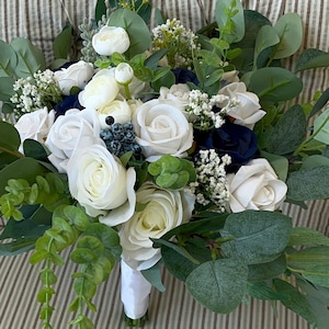 Navy Blue and White Wedding Bouquet Bridal Bouquet Artificial Flower Bouquet Bridesmaid Eucalyptus Bouquet Faux Flower Arrangement