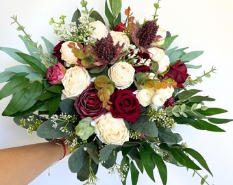 Wedding Bouquet Ivory and Burgundy Bridal Bouquet Silk Floral Bouquet Artificial Bridesmaid Bouquet for Special Day Dark Red Rose Bouquet