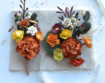 Terracotta Boutonniere and Corsage Set Fall Wedding Boutonniere Wrist Corsage Burn Orange Boutonniere Groomsmen Buttonhole Flower Decoration