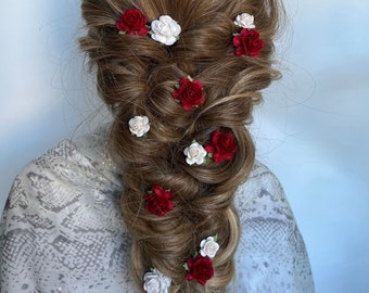 Red Rose Hair Pins Christmas Hair Clips Bridal Hair Pieces Rose Flower Wedding Flower for Braids Hairstyle Prom Floral Hair Accessory Women