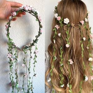 Prom Hairstyle Blush Flower Crown with Vines Gift for Girlfriend Wedding Flower Boho Bridal Headband Artificial Crown Hair Wreath Party