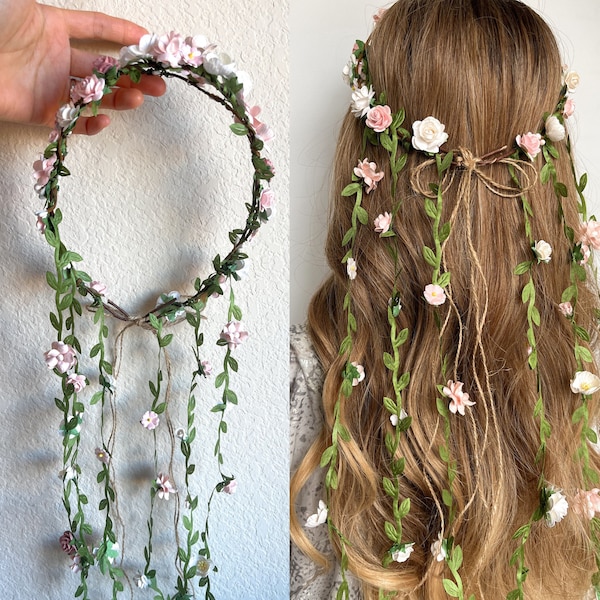 Romantic Hair Wreath, Prom Flower Crown with Vines, Boho Bridal Headband