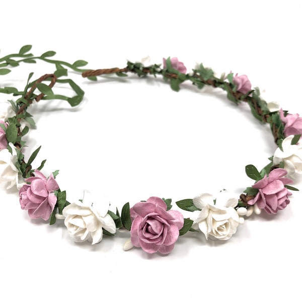 Rustic flower crown wedding, floral headband bride, dusty rose flower girl crown, halo flower headwear, mauve flower headpiece, toddler girl