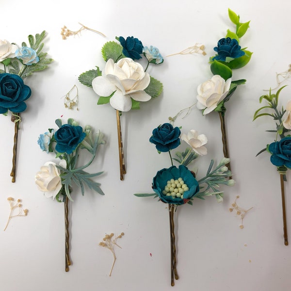 Teal flower hair pins, flower hair clips, wedding hair accessories, rose flower hair bobby pins, bridal flower clips,  hairpins