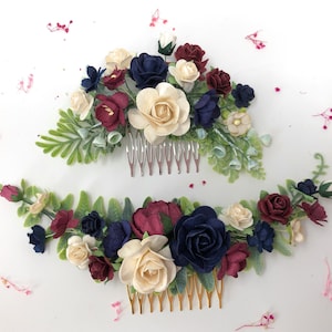 Burgundy Navy Floral Hair Comb: Bridal Wedding Hairpiece