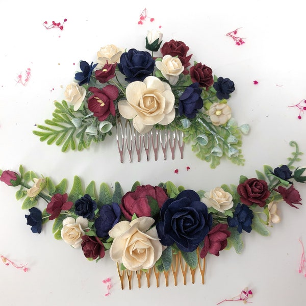 Floral hair comb, burgundy navy and ivory hair piece, flower hair comb, bridal hair comb, flower hair piece, wedding comb, rose haircomb