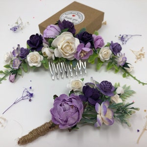 Purple flower hair comb, floral hair piece, purple boutonniere, wedding flower hair comb, bridal hair comb, wedding comb, flower head wear imagem 1