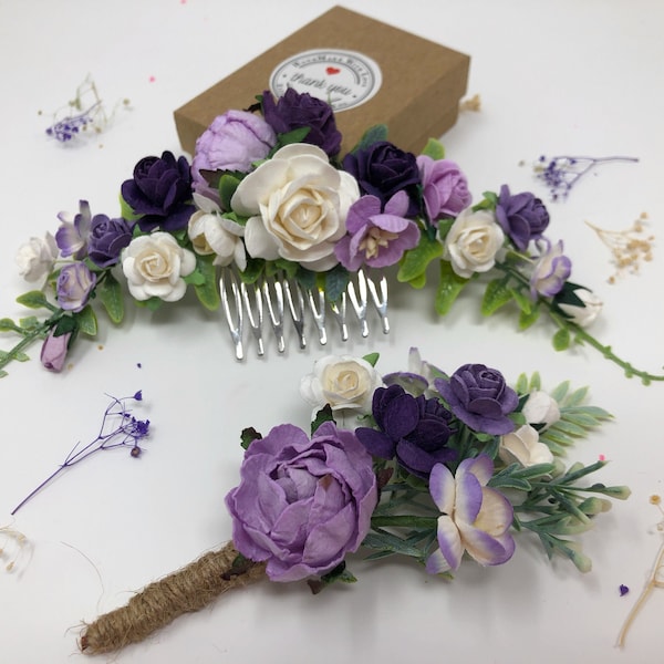Purple flower hair comb, floral hair piece, purple boutonniere, wedding flower hair comb, bridal hair comb, wedding comb, flower head wear