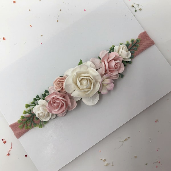 Newborn Flower Headband, Pink and White Baby Flower Headband, Newborn Flower Crown, Headband, Photo Prop, Natural, Organic, Baby Headband