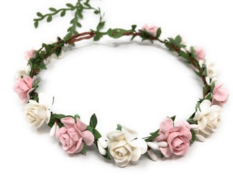 Pink and white flower crown, flower girl crown, flower crown adult, flower girl headband, flower heapiece, bridal crown, baby girl crown