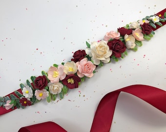 Burgundy Flower Girl Dress Belt: Handmade Floral Sash