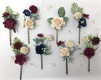 Épingles à cheveux florales, épingles à cheveux avec fleurs, barrettes à cheveux de mariée, épingles à cheveux fleurs bleu ivoire et bordeaux, barrettes à cheveux de mariage, morceau de cheveux rose