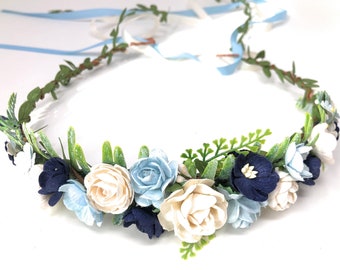 Blue Floral Wedding Crown: Boho Flower Girl Headband