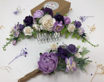 Purple flower hair comb, floral hair piece, purple boutonniere, wedding flower hair comb, bridal hair comb, wedding comb, flower head wear