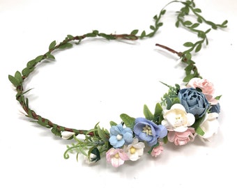 Couronne de fleurs bleues, couronne de fleurs de mariage, couronne de demoiselle d'honneur, couronne de fleurs pour enfant, morceau de tête de fleur, bandeau floral, couronne de cheveux de fleurs