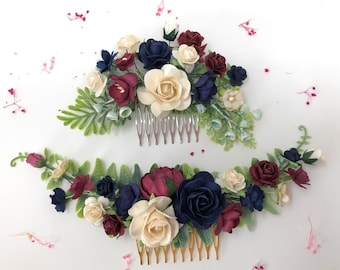 Floral hair comb, burgundy navy and ivory hair piece, flower hair comb, bridal hair comb, flower hair piece, wedding comb, rose haircomb