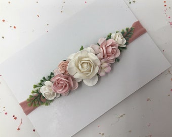 Newborn Flower Headband, Pink and White Baby Flower Headband, Newborn Flower Crown, Headband, Photo Prop, Natural, Organic, Baby Headband