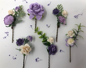 Lavender Rose Hair Clips: Set of 6 Floral Wedding Hairpieces