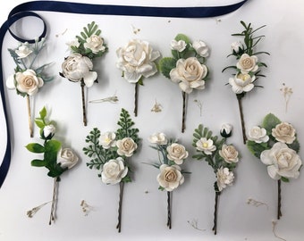 White  and ivory flower hair pins,wedding bridal hair clips, wedding flower hairpins, bridal hair pins, flower hair piece, rose bobby pins