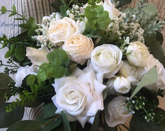 Bouquet de fleurs de mariage blanc et ivoire personnalisé, bouquet de mariée, bouquet de fleurs artificielles, bouquet de demoiselle d’honneur, arrangement de fausses fleurs