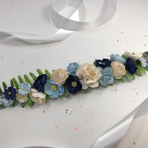 Blue Flower Wedding Belt: Handmade Mulberry Paper Floral Sash