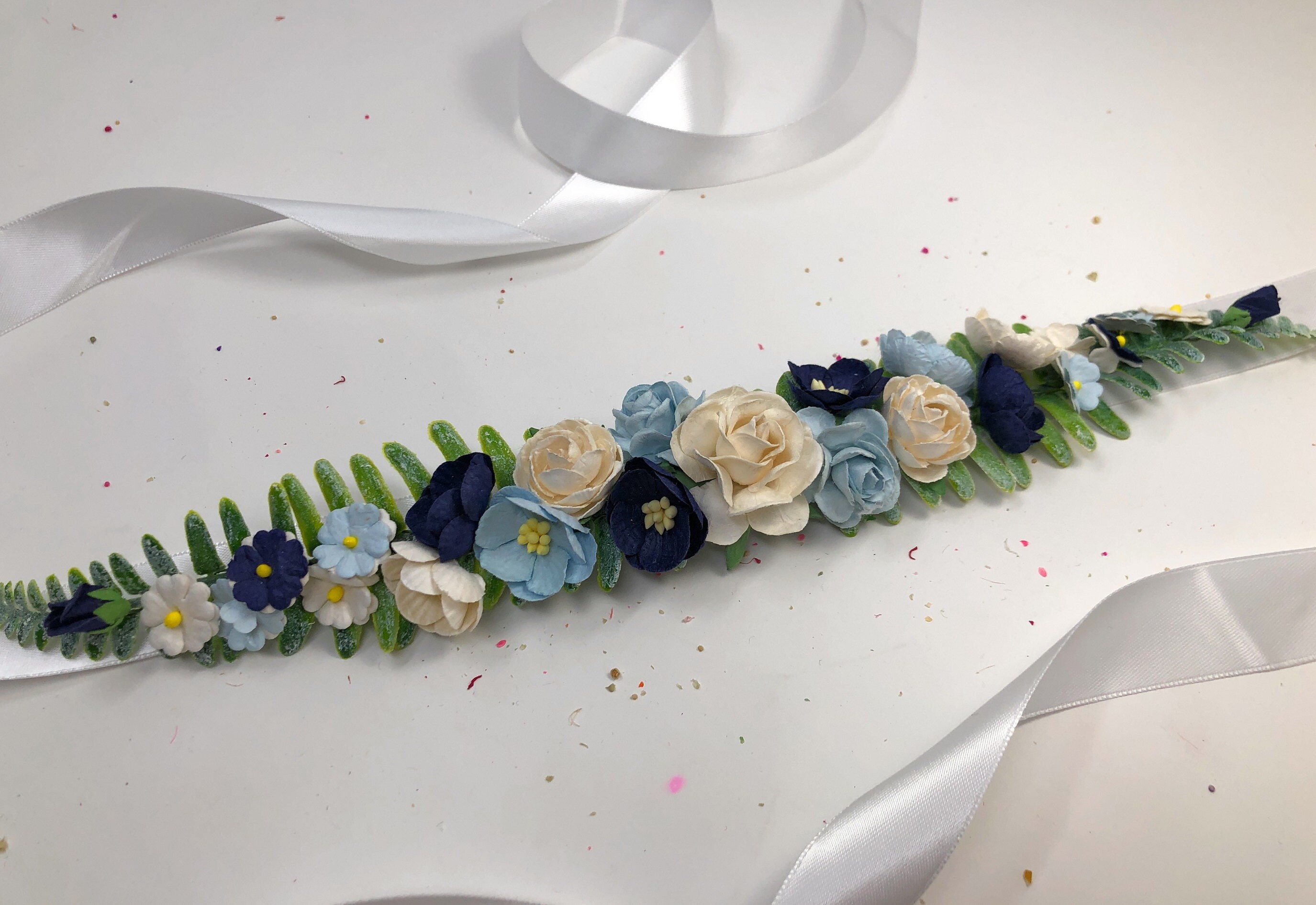 Blue Flower Wedding Belt: Handmade Mulberry Paper Floral Sash