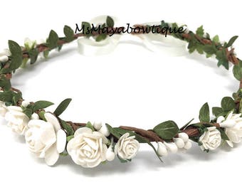 Pièce de tête de Sainte Communion, couronne de fleurs blanches, couronne de fleurs blanches, couronne de demoiselle d'honneur, couronne de fleurs en bas âge, bandeau de fille de fleur