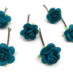 Teal hair clips, teal hair flower, teal hair piece, teal hair accessories wedding, teal flower pins, rose hair pins, bridesmaid bobby pins