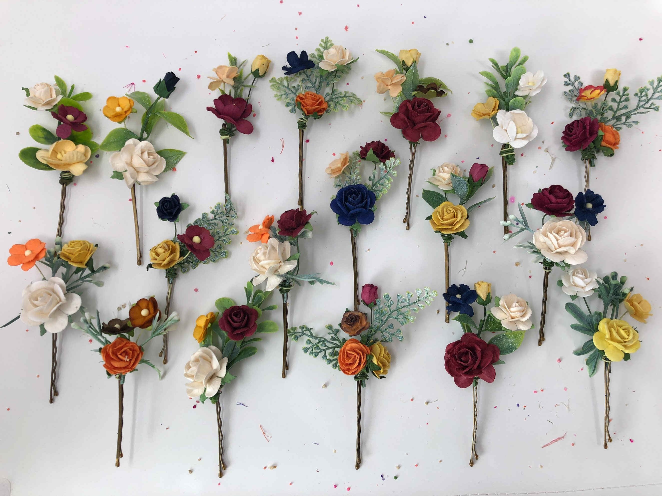 Fall flower hair clips, bridal hair pins, floral hair piece, bobby pins with flowers, yellow wedding hair clips, orange flower hair pins