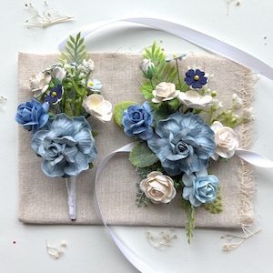 Blue Corsage and Boutonniere Wedding Groom's Boutonniere Best Man Homecoming Rose White and Dark Boutonniere Blue Wrist Flower Corsage