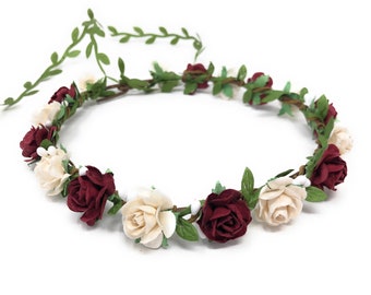 Ivory & Burgundy Flower Girl Crown: Floral Wedding Headband