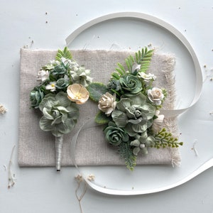 Sage Green Corsage and Boutonniere Set: Ivory Floral Wedding Accessories