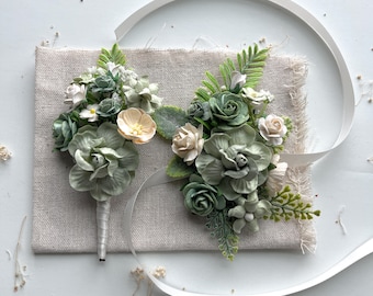 Sage Green Corsage and Boutonniere Set Prom Flower Wrist Corsage Boutonniere for Men Floral Bridesmaids Corsage Ivory Groomsmen Boutonniere