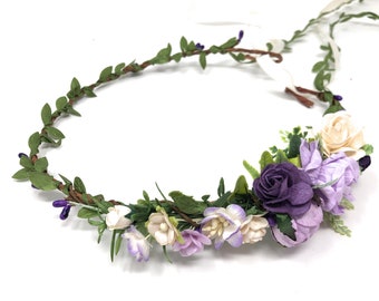 Purple Ivory Flower Crown: Bridal Headpiece with Satin Ribbon