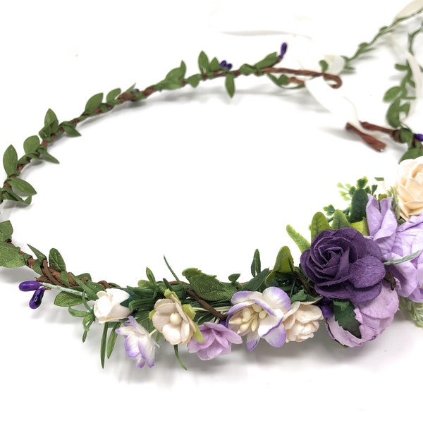 Blumenkrone Hochzeit, lila und Elfenbein Blumen Haarband, Blumenkrone Erwachsene, Halo Haarkranz, Braut Blumenkopfschmuck, Frauen Blumenkrone